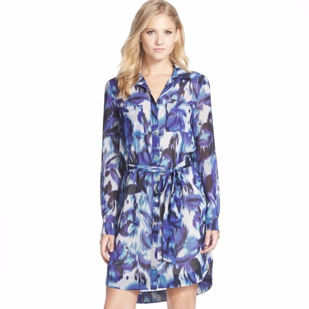 Eliza J Ikat Blue White Chiffon Long Sleeve Shirt Dress Tie Waist Collared 6 S